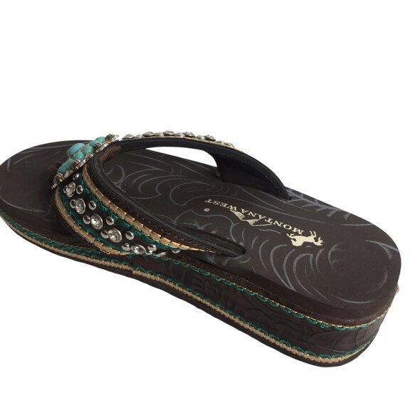 Montana West Sandals Womens Size 7 Brown Turquoise Wedge Flip Flop Rhinestone - Picture 8 of 11